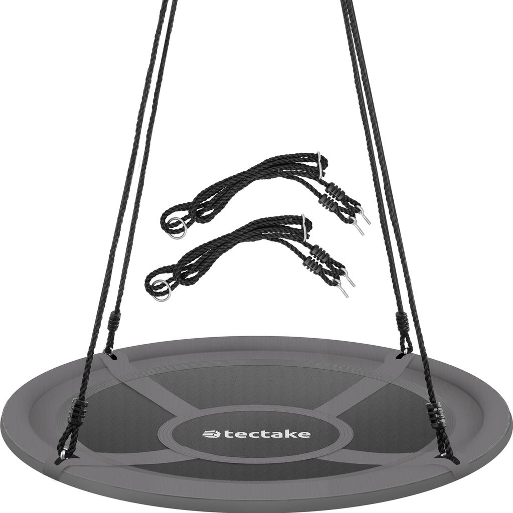 A round swing seat with ropes, suspended against a white background.
