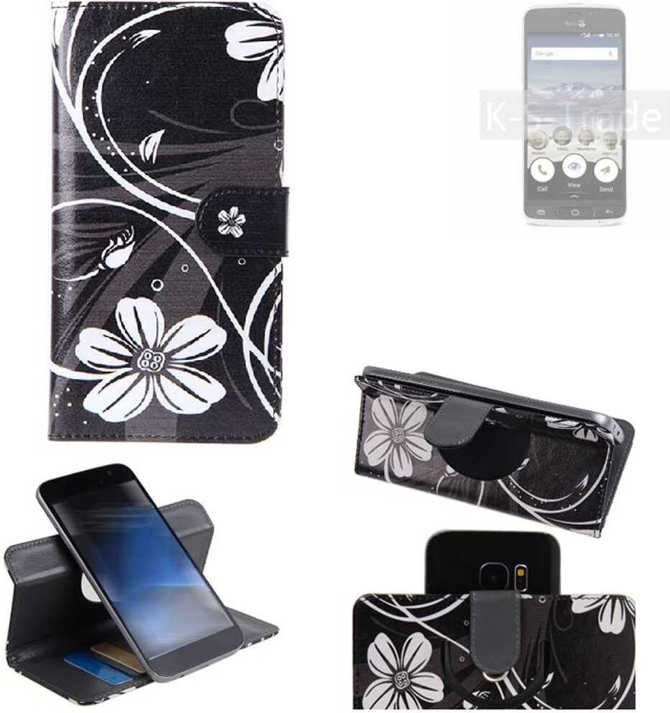 K-S-Trade Schutzhülle Handyhülle kompatibel mit doro 8040 Hülle 360° Wallet Case ''Flowers'' Klapphülle Hülle schwarz-weiß 1x