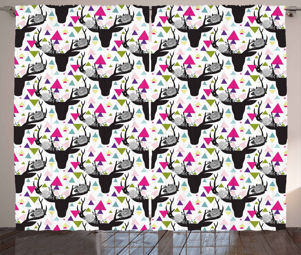 ABAKUHAUS Hirsch Rustikaler Vorhang, Tierkopf mit Geweih, Wohnzimmer Universalband Gardinen mit Schlaufen und Haken, 280 x 175 cm, Mehrfarbig