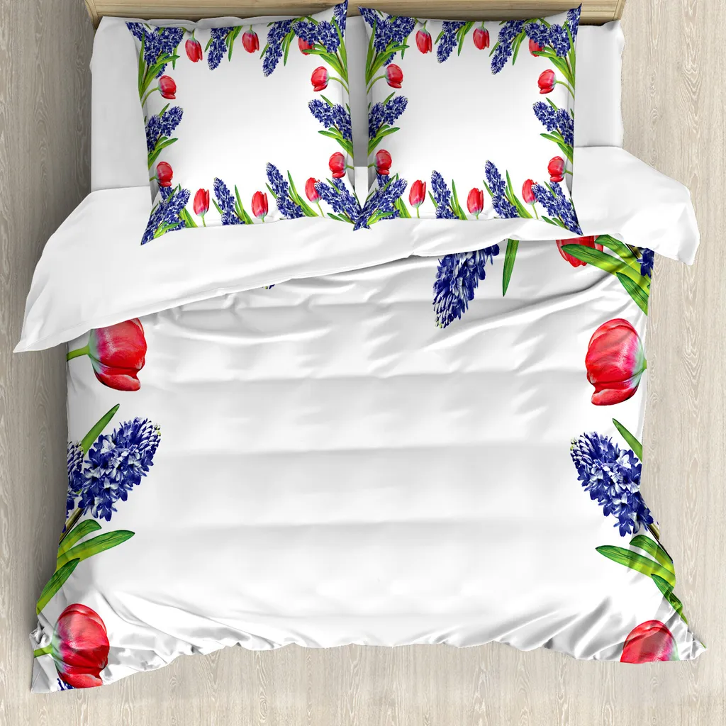 ABAKUHAUS Copripiumino Tulipano, Fiori primaverili Blossom, Antiacaro, Adatto a chi soffre di allergie, con federe, 200 cm x 200 cm - 80 x 80 cm, Rosso Viola Verde