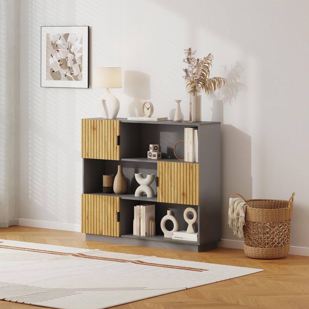 Bücherregal ‘Verhundar’ mit 3 Türen 102 x 120 x 30 cm Grau / Holzfarben