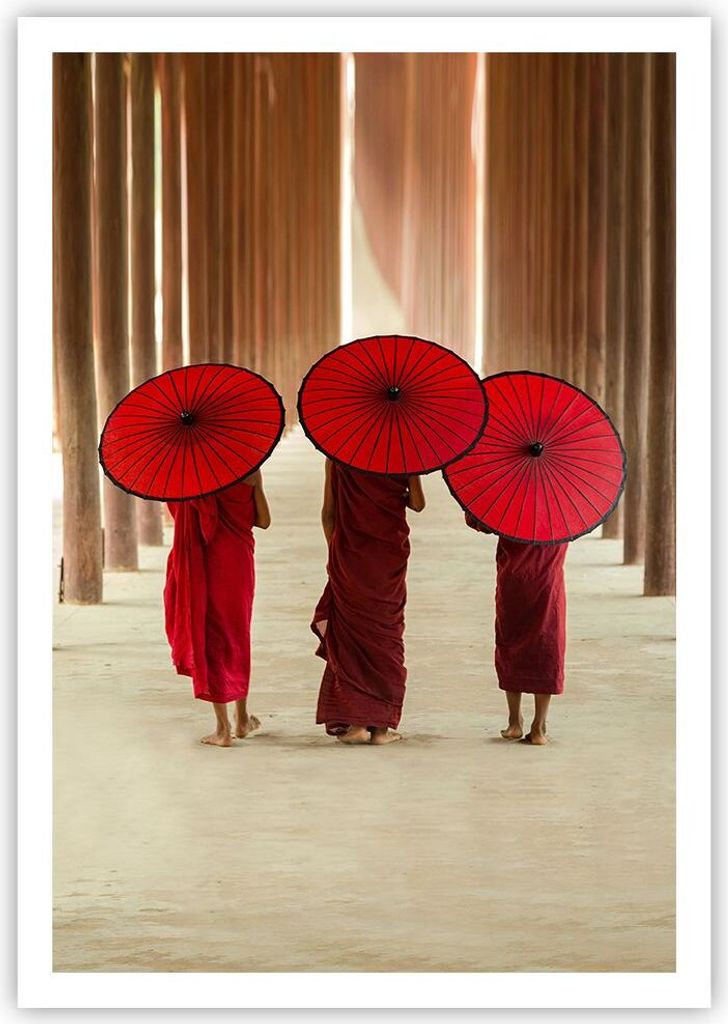 Poster - Poster ohne Rahmen - Bhutan Regenschirm Rot - 70x100 cm - Wand Bild - Wanddeko - Wandbilder - Kunstposter - Wandposter - Bilder - Kunstdru...