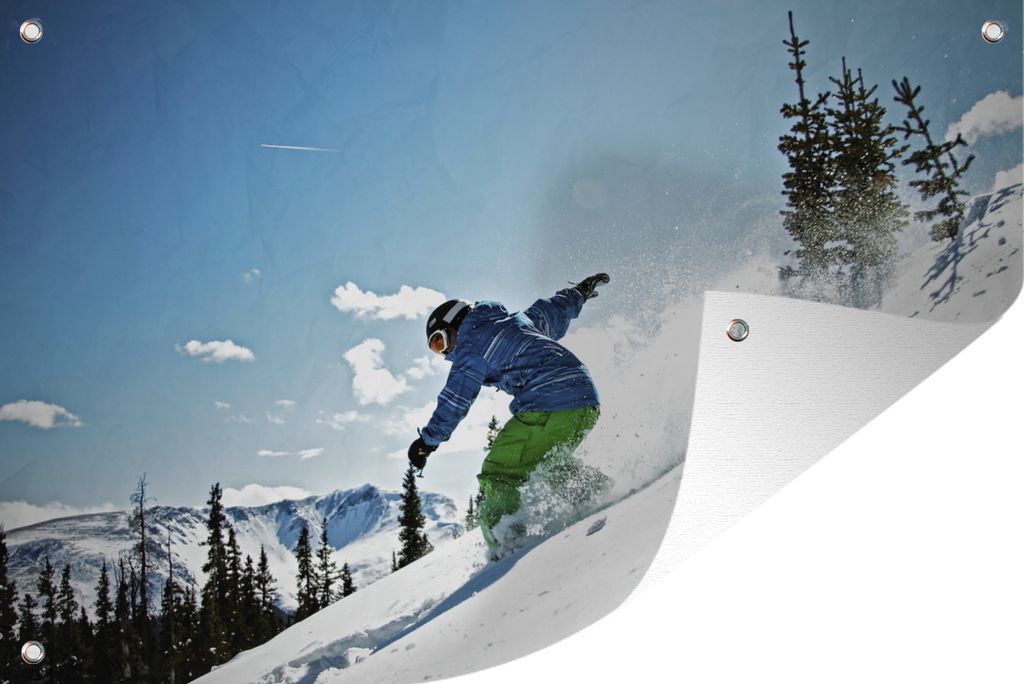 MuchoWow 120x80 cm Outdoor-Poster Gartendeko Sichtschutz Garten Poster für den Garten Ein Snowboarder balanciert auf seinem Brett auf der Piste