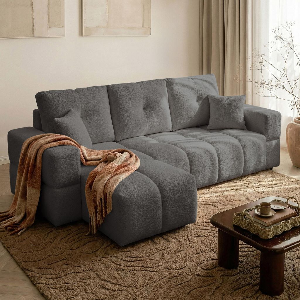 Idohome Polsterecksofa BUENO mit Schlaffunktion und Bettkasten – Modernes Ecksofa mit Stauraum Sofa rechts/links montierbar Graphit Bouclé Centa...