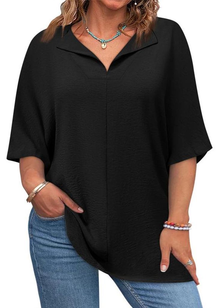 Imily Bela Damen-Oberteil in großen Größen – Kurzarm-T-Shirt mit V-Ausschnitt, Sommer-Bluse, lockere Passform, lässiges Tunika-Top