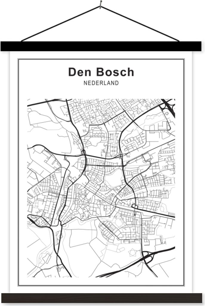 MuchoWow Textilposter Stadtplan - Den Bosch - Schwarz und weiß 90x120 cm mit schwarzem Rahmen - Dekoration
