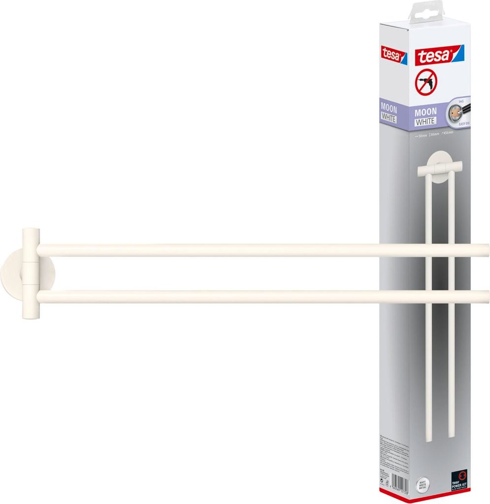 tesa Handtuchhalter ohne Bohren zweiarmig weiß matt für die Wand - MOON WHITE