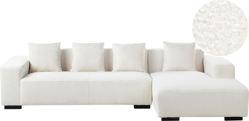 BELIANI 4-Sitzer Ecksofa Weiß Stoffbezug Bouclé L-Förmig mit Chaiselongue Linksseitig 4 Dekokissen Modern Wohnzimmer Wohnlandschaft Polstersofa