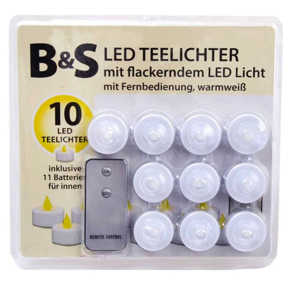 A package of 10 LED tealights with a remote control.