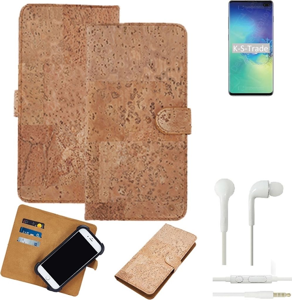 K-S-Trade Hülle kompatibel mit Samsung Galaxy S10+ SD855 + in ear Kopfhörer Kork Handyhülle Cover Schutzhülle TPU Case Bumper in Hellbraun, (1x)