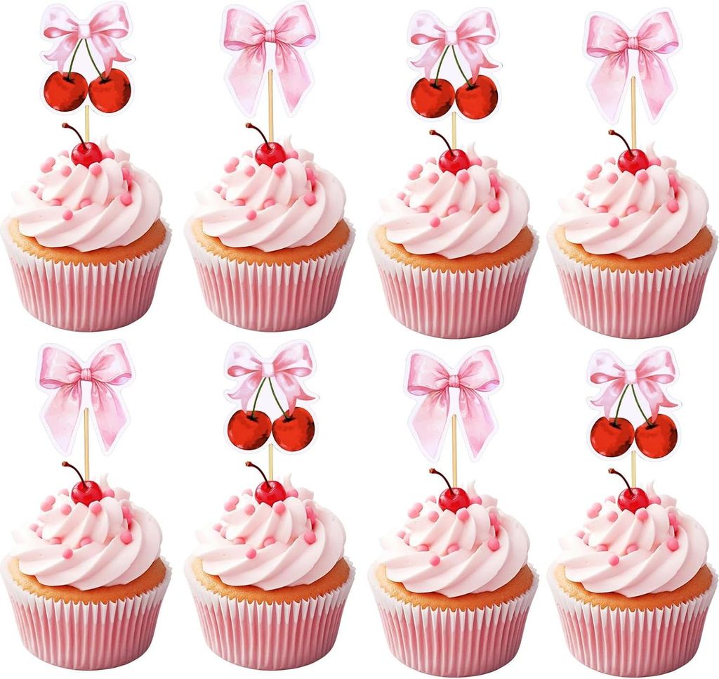 Allecto plus - Cupcaketopper mit Schleifenmotiv - Set von 36 - Rosa Tortendekoration für Hochzeit und Babyshower - Kirschtortenspieße für Geburt...