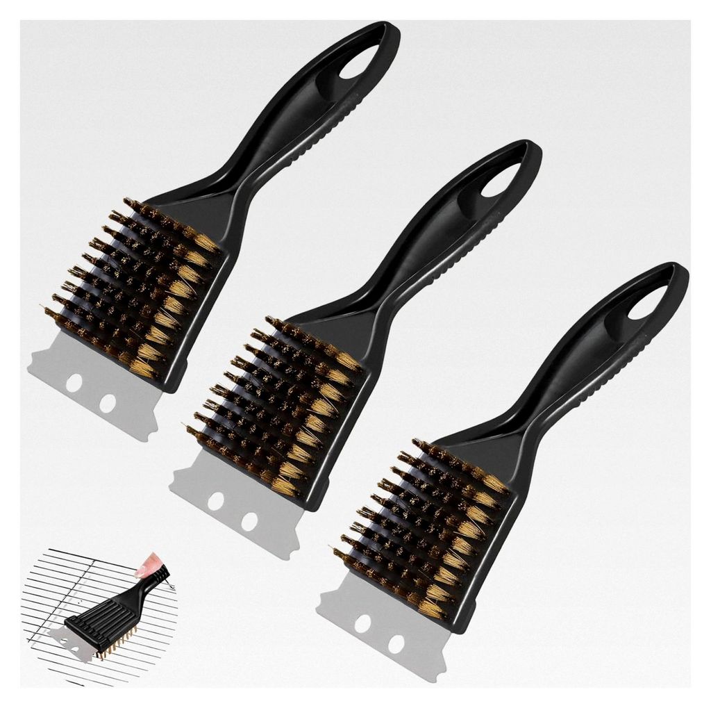 Grillbürsten-Set, 3 Stück Messingbürsten, 2-in-1 Grillbürste mit Messingborsten und Edelstahlschaber, PP-Griff für Gasgrill, Holzkohlegrill, E...