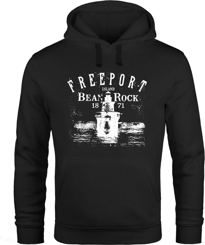 Hoodie Herren Retro Print Leuchturm Motiv Schriftzug Freeport Island Kapuzen-Pullover Männer Neverless schwarz XL