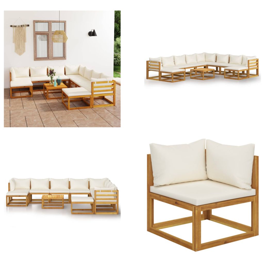 vidaXL 11 tlg. Garten Lounge Set mit Auflagen Creme Massivholz Akazie - Garten-Lounge-Set - Garten-Lounge-Sets - Modulares Sofa-Set - Modulare Sofa...