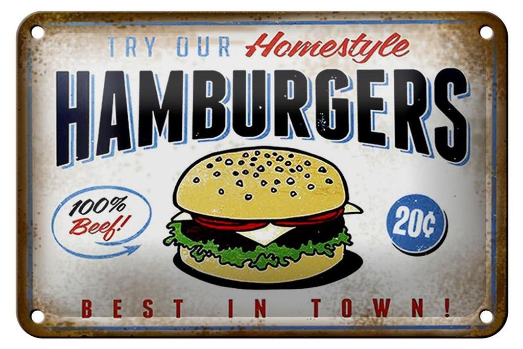 Blechschild Spruch 18x12cm Hamburger best in town 100% Beef