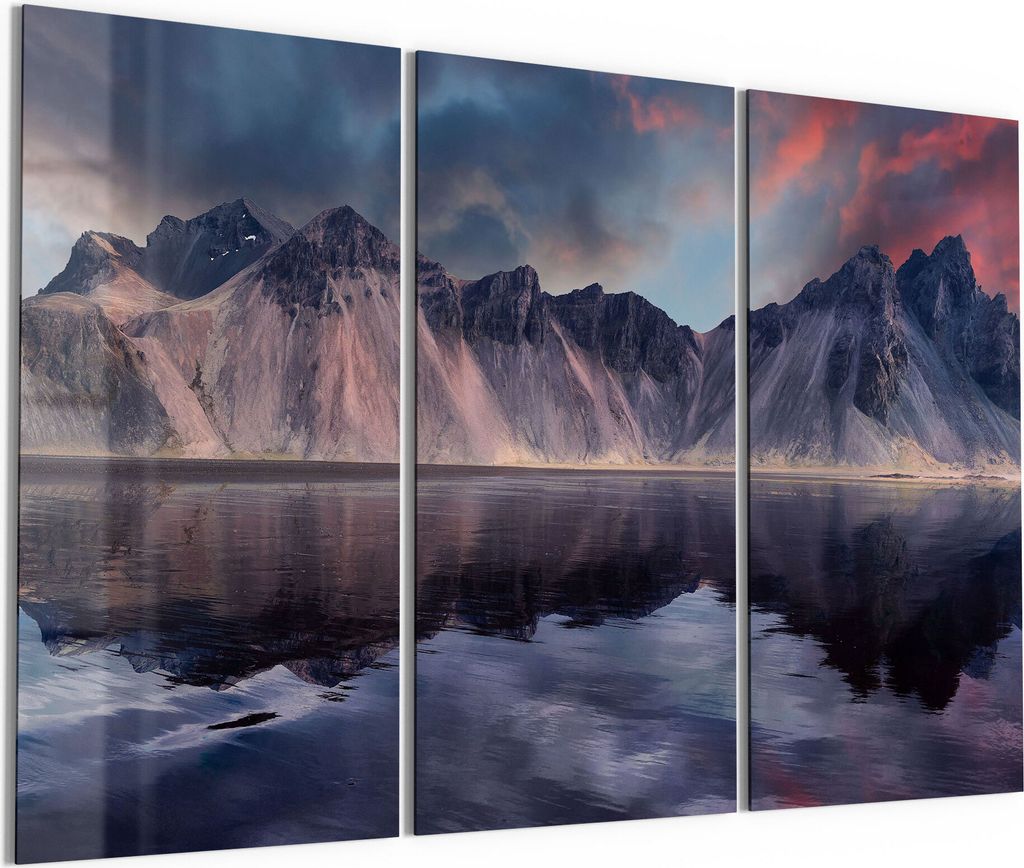 DEQORI Glasbild Echtglas 3x50x100 cm 'Dramatisches Vestrahorn' Wandbilder XXL groß