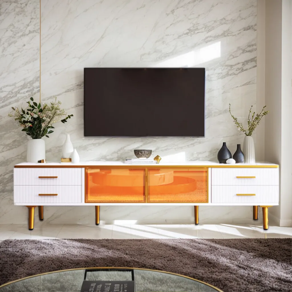Meuble TV robuste aspect marbre : rangez tout avec élégance et LED