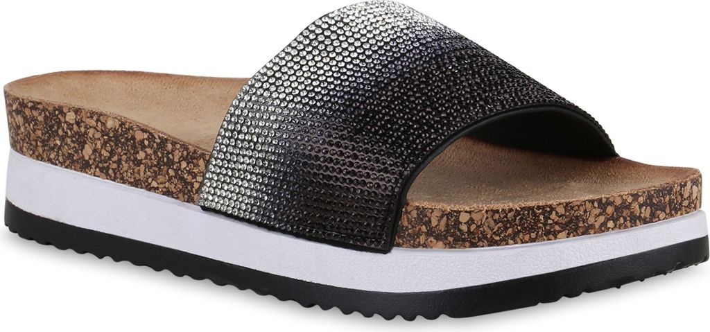 VAN HILL Damen Pantoletten Sandaletten Plateau Strass Schuhe 841091, Farbe: Schwarz, Größe: 36