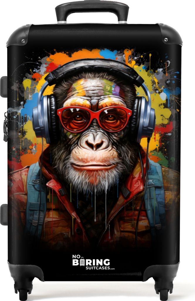 NoBoringSuitcases.com Großer Koffer - Schimpanse mit Kopfhörern und Graffiti-Spray - Kombinationsschloss TSA - Hartschalen Trolley 4 Rollen - 7...