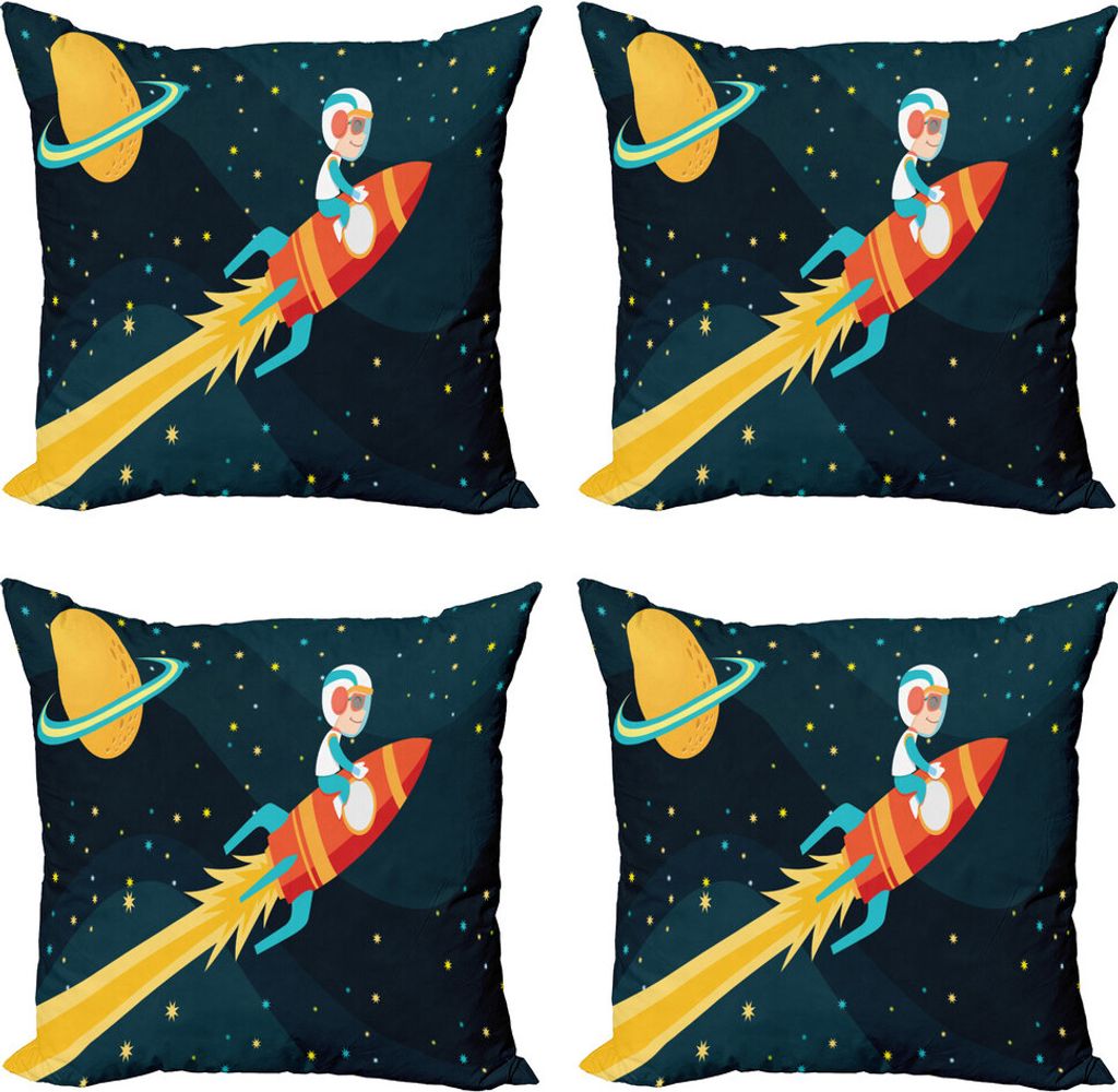 ABAKUHAUS Rakete Kissenbezug Set (4 Stück), Junge auf einem Rocket-Abenteuer, Moderner Doppelseitiger Digitaldruck, 50 cm x 50 cm, Dunkel Petrol B...