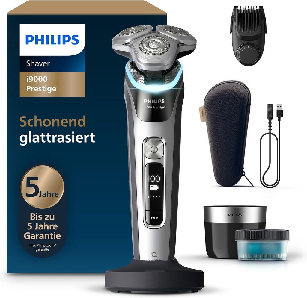 Philips i9000 Prestige XP9204/33 Elektrischer Nass- und Trockenrasierer mit SkinIQ, Rotationstrasierer, Silber, SkinIQ, GroomTribe, Android, iOS, Akku