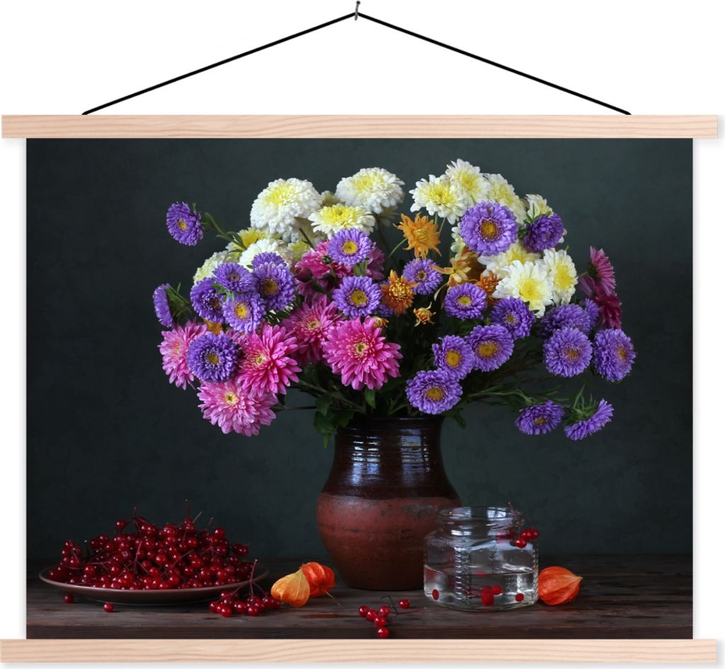 MuchoWow Textilposter Chrysanthemen - Farben - Stilleben 120x90 cm mit holzfarbenen Rahmen - Magnetisch