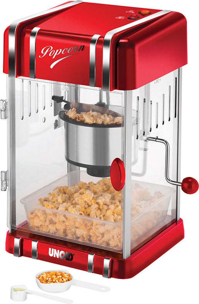 Unold Popcornmaker Retro ist eine rot-silberne Popcornmaschine mit transparenter Tür, einer Popcornk