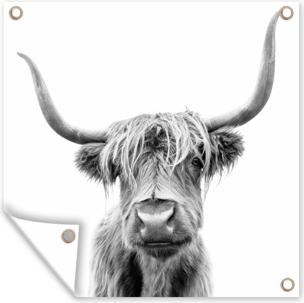 MuchoWow 100x100 cm Outdoor-Poster Gartendeko Sichtschutz Garten Poster für den Garten Scottish Highlander - Tier - Schwarz - Weiß