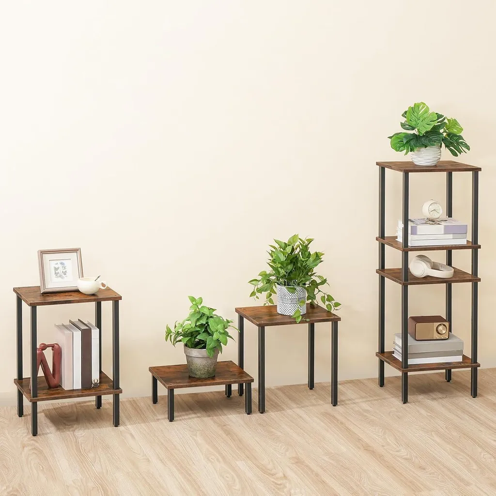 Bout de canapé industriel marron rustique double plateau en bois - 4
