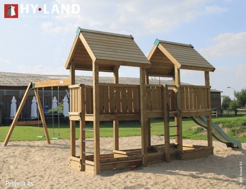 Spielturm Hyland Projekt 4S Holz mit Sandkasten, Doppelschaukel, Rutsche grün