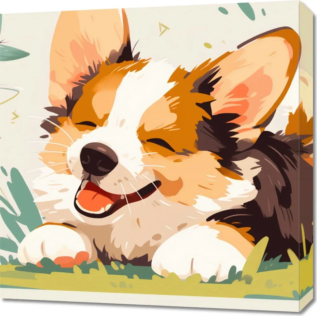 Décoration murale Corgi insouciant : cadre carré 60x60 cm style cosy