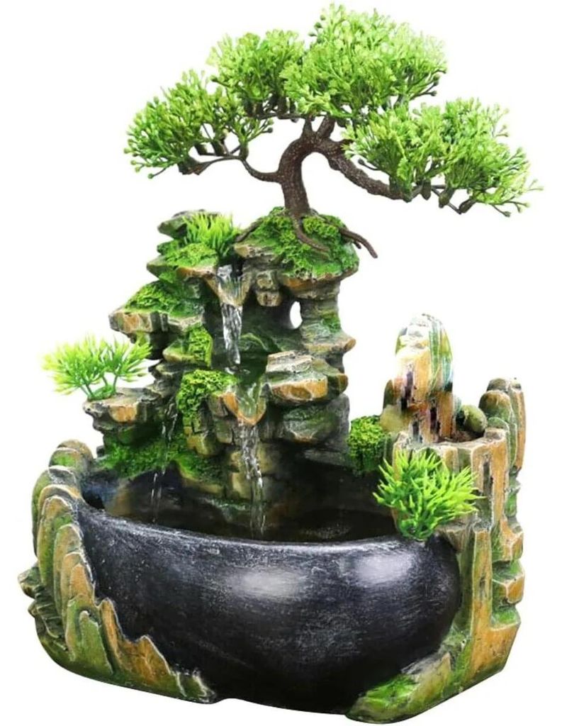 Indoor Tischbrunnen - Mini Wasserfall - Beruhigendes Plätschern - Sehr leise <10 dB - 2 W 220 V Pumpe - Polyesterharz & Kunststoff - 19×13×28,5 ...