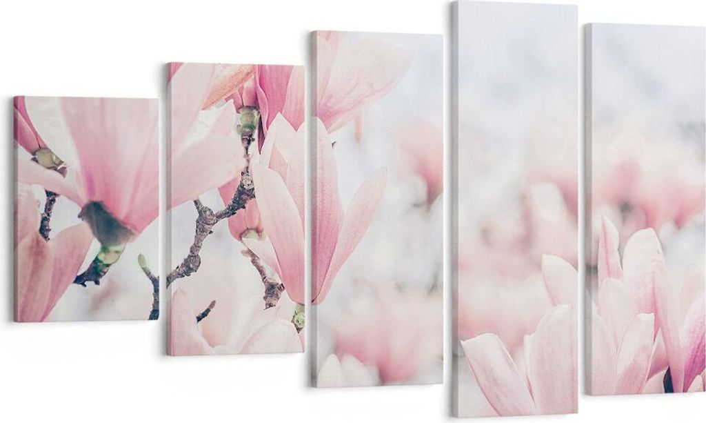 Bild auf Leinwand - Leinwandbild - 5 Teile - Magnolie Blumen Rosa - 100x60cm - Wand Bild - Wanddeko - Wandbilder - Leinwanddruck - Bilder - Wanddek...