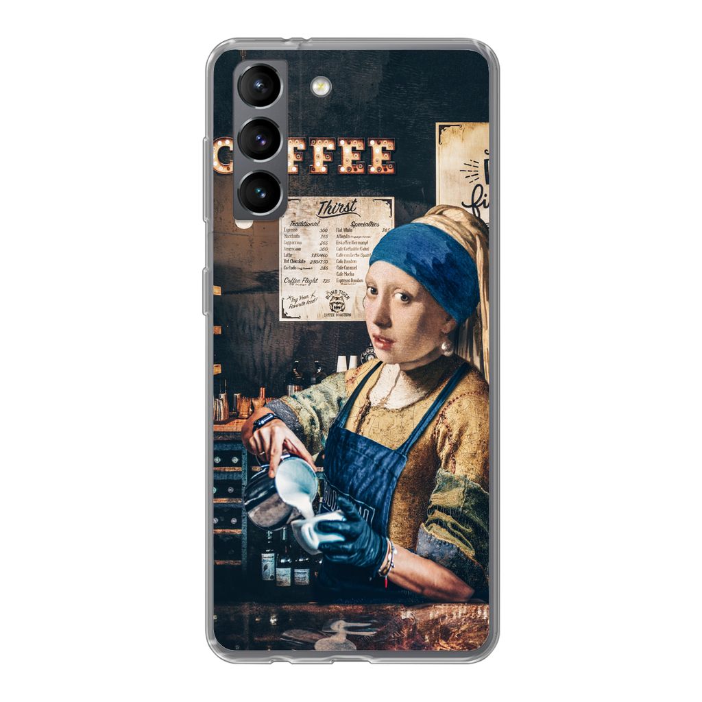 MuchoWow Handyhülle Schutzhülle Hülle für Samsung Galaxy S21 Mädchen mit Perlenohrring - Cappuccino - Barista - Vermeer - Kaffee - Gemälde ...