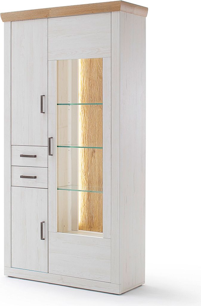 Kombi-Vitrine MARINGA-05 in Pinie weiß mit Eiche Nb. im Landhaus Stil, B/H/T ca. 106/205/40 cm