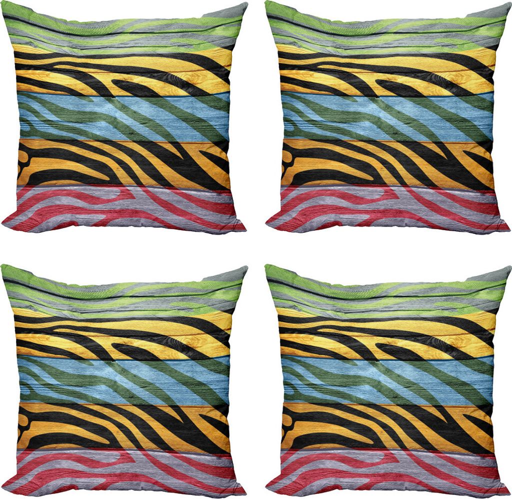 ABAKUHAUS Zebra-Druck Kissenbezug Set (4 Stück), Buntes Tier, Moderner Doppelseitiger Digitaldruck, 45 cm x 45 cm, Grün, Gelb, Schwarz