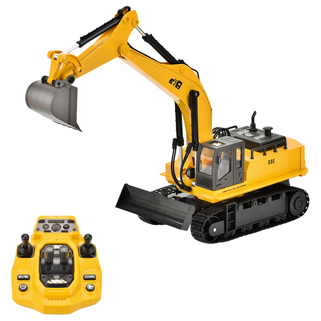 Ferngesteuertes Bagger- und Bulldozer-Spielzeug, 15-Kanal-Baufahrzeuge mit Licht- und Geraeuscheffekten, Geburtstagsgeschenk fuer Jungen und Kinder