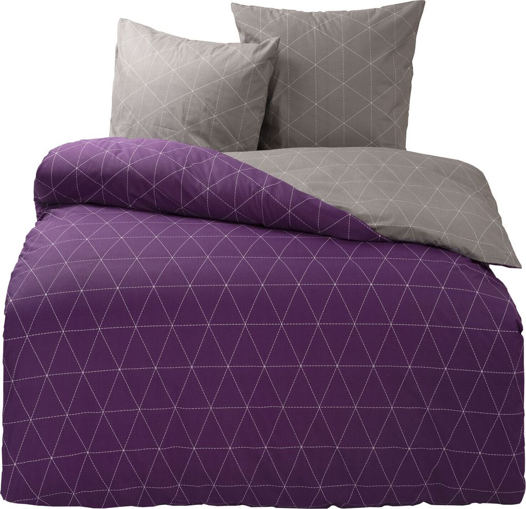 Bettwäsche 100% Baumwolle 200x220 cm Renforce Raute Lila Grau Weiß Wendefunktion 3 tlg