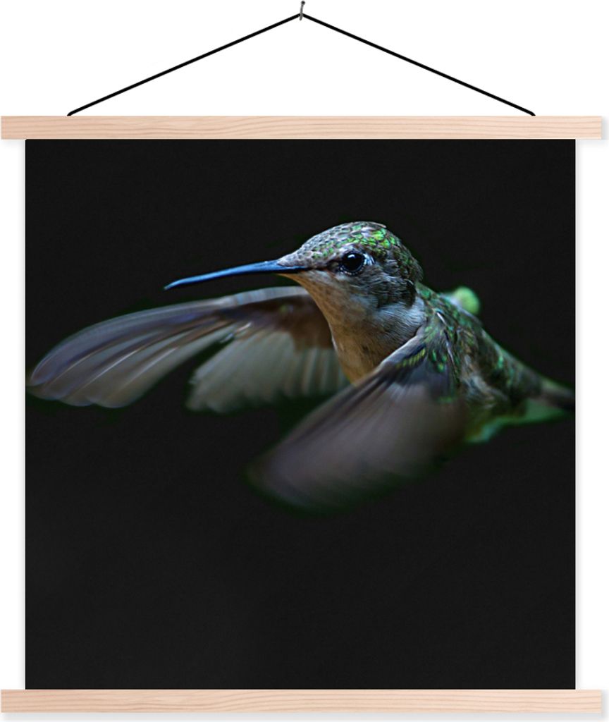 MuchoWow Textilposter Kolibri - Federn - Schwarz 40x40 cm mit holzfarbenen Rahmen - Posterleiste