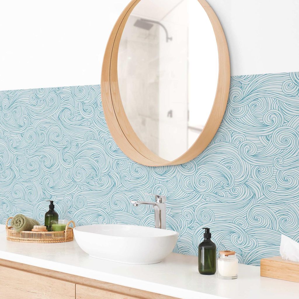 Wandverkleidung Bad Strand selbstklebend - 0.35 mm Wandpaneel matt wasserfest Design blau Illustration Badrückwand fugenlos 245x70 cm