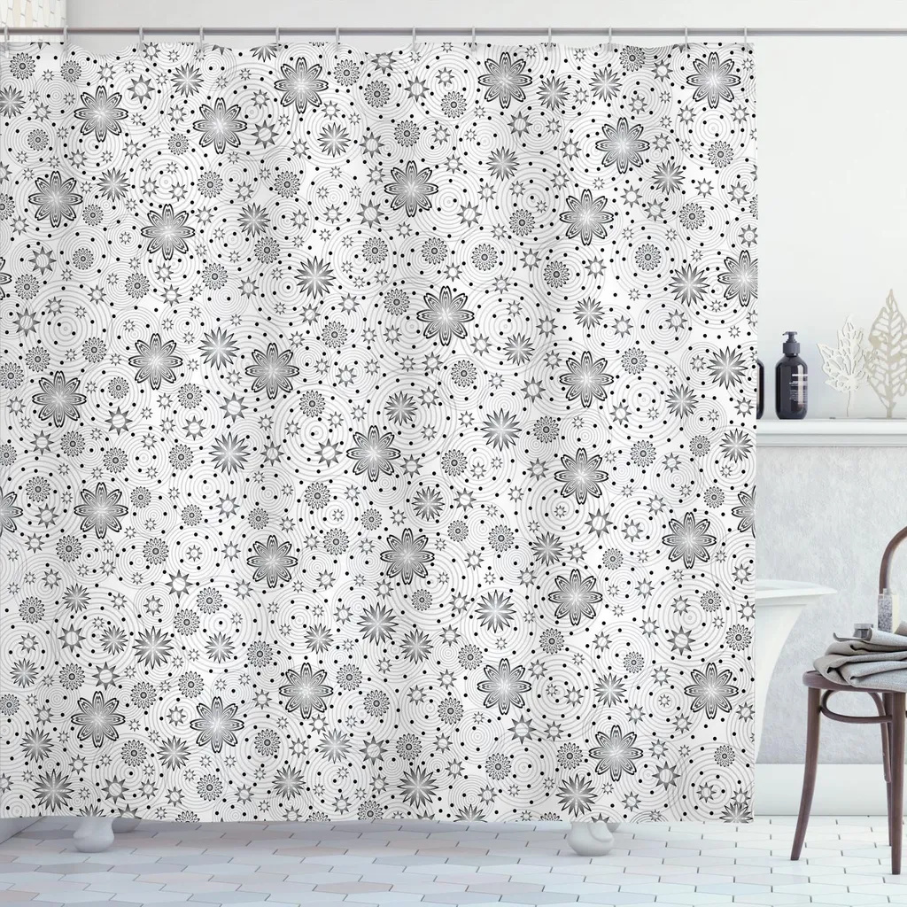 ABAKUHAUS Tenda da doccia grigia, con motivi floreali misti, anelli rotondi e pois su sfondo con stampa floreale semplice, 175 x 180 cm, bianco