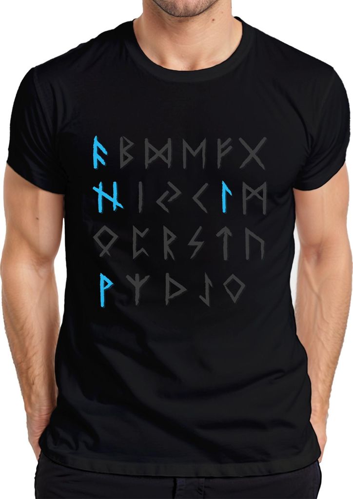 Nordisches Elder Futhark Runenalphabet Wikinger Runenstil Retro Herren T-Shirt, Schwarz, L