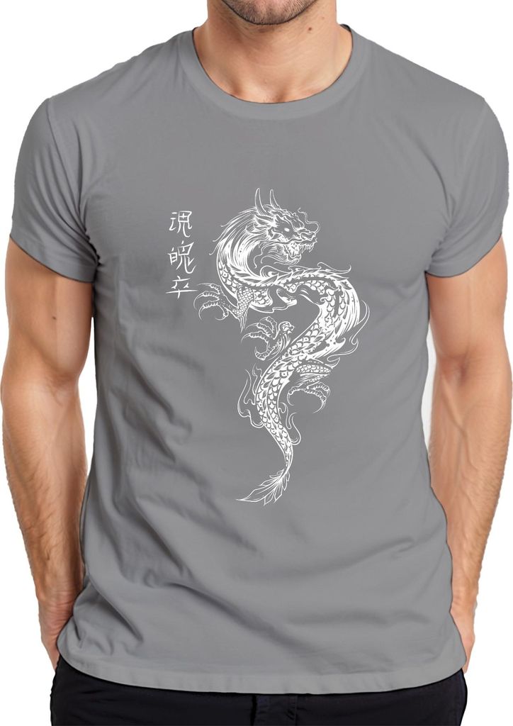 Japanischer Drache Irezumi Orientalischer Drache Asien Koi Flamme Herren T-Shirt, Grau, S