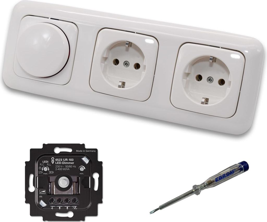 Busch Jäger 6523UR-103 LED Drehdimmer Dimmer + Scheibe 2115-214 und 2 x Steckdose mit Kinderschutz 20EUCKS-214 in Reflex Si alpinweiß glänzend +...