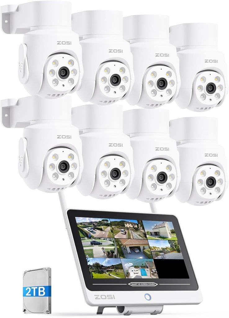 ZOSI 5MP Überwachungskamera Set Aussen WLAN mit 12" Monitor 2TB HDD, 8X WiFi 6 Pan Tilt Domekameras 2 Wege Audio, KI Personenerkennung/Verfolgung