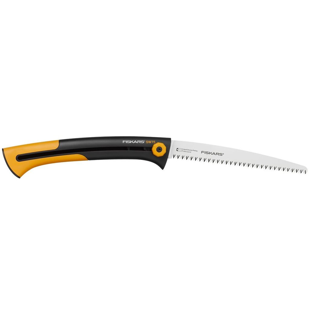 A Fiskars handsaw is shown against a white background.