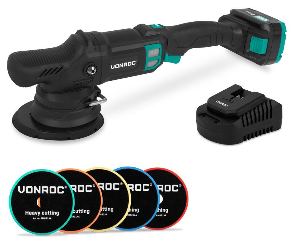 Dual action polisher 20V 150mm - With 4Ah battery, charger and 5 beveled edge pads