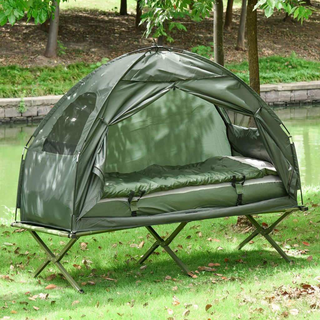 4 in 1 Camping Set – Feldbett mit Zelt, Schlafsack & Matratze, faltbar, für Outdoor Abenteuer & Camping, Dunkelgrün