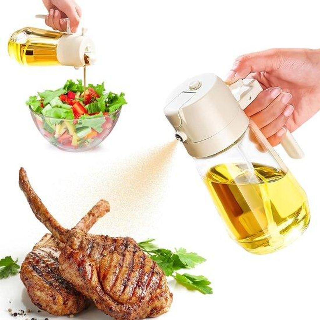 2-in-1 Kochgeschirr 470 ml Ölfass für die Küchengefäße - mit Ölfüllpistole und Esslöffel für das Garen in der Grillpfanne - crem beige.