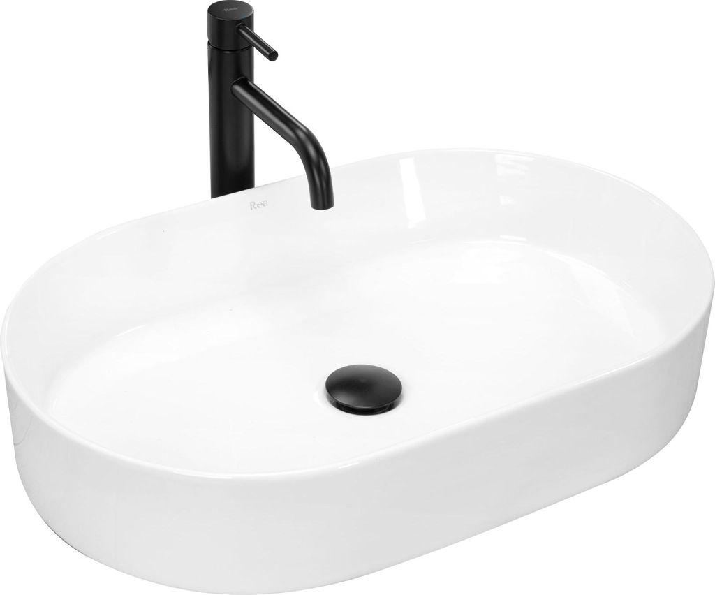 A white oval countertop sink with a black faucet and drain.
